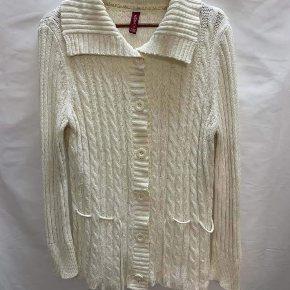 Gitano Womens Ivory Cable Knit Long Sleeve Cardigan Button Down Sweater 14 16W